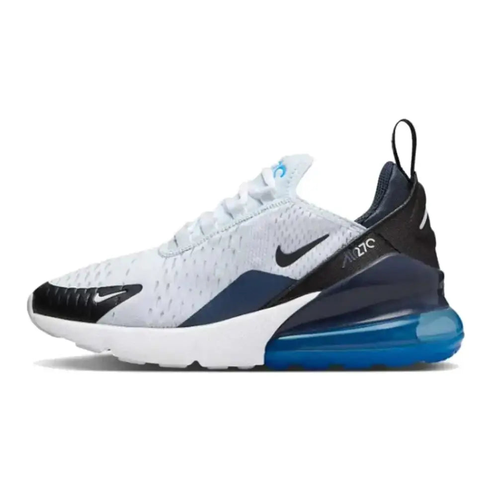 White and navy blue Nike Air Max 270 big kids shoes with a translucent blue air unit in the heel for comfort