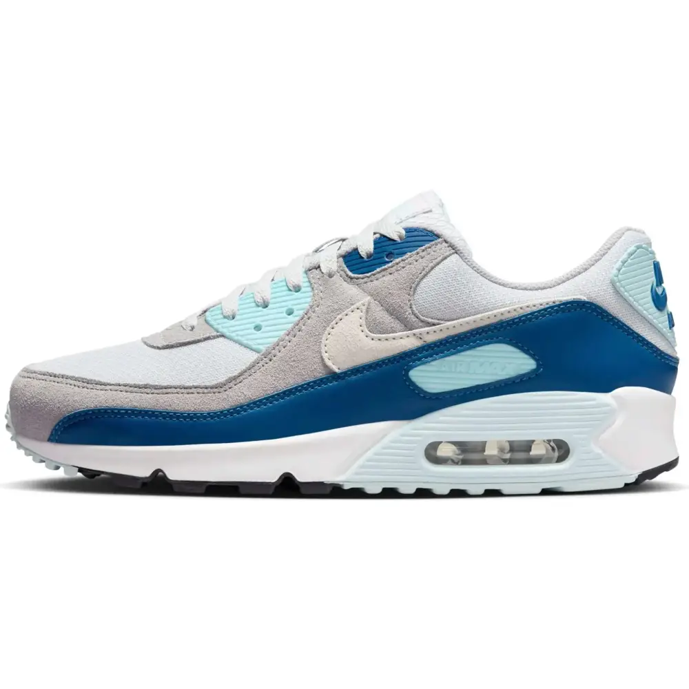 Nike Air Max 90 sneakers pure platinum feature light blue and gray colors with a visible air unit in the sole