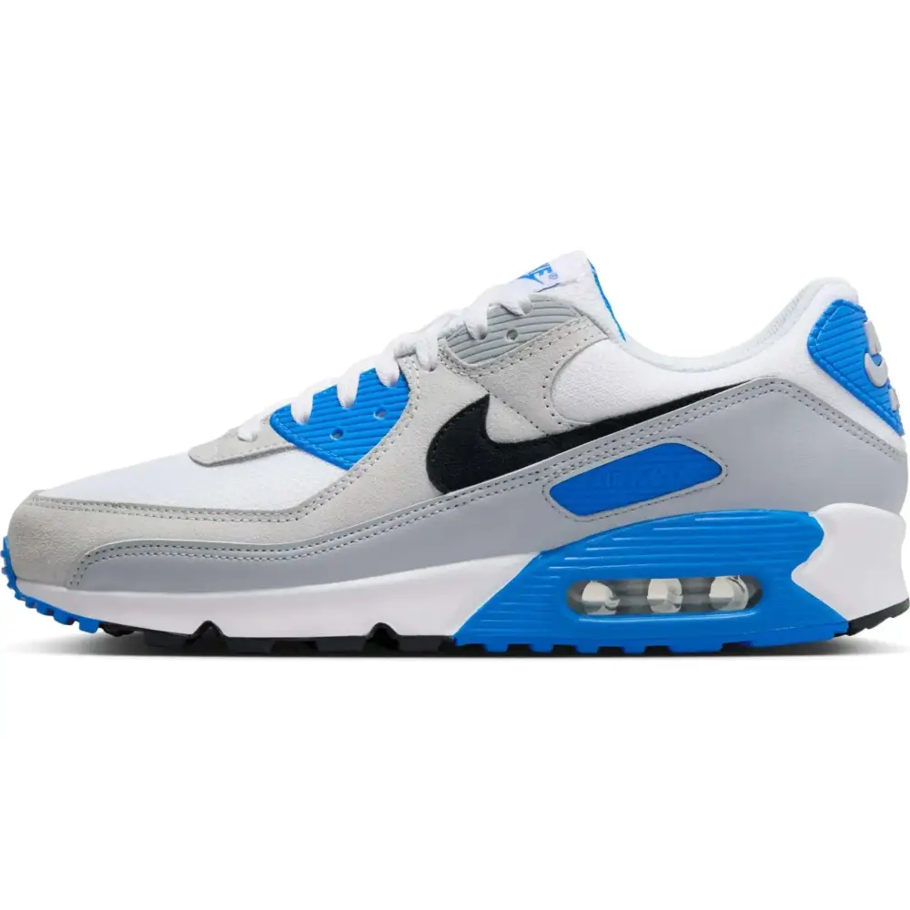Nike Air Max 90 white photo blue sneaker with gray accents and visible air cushioning in heel size 10