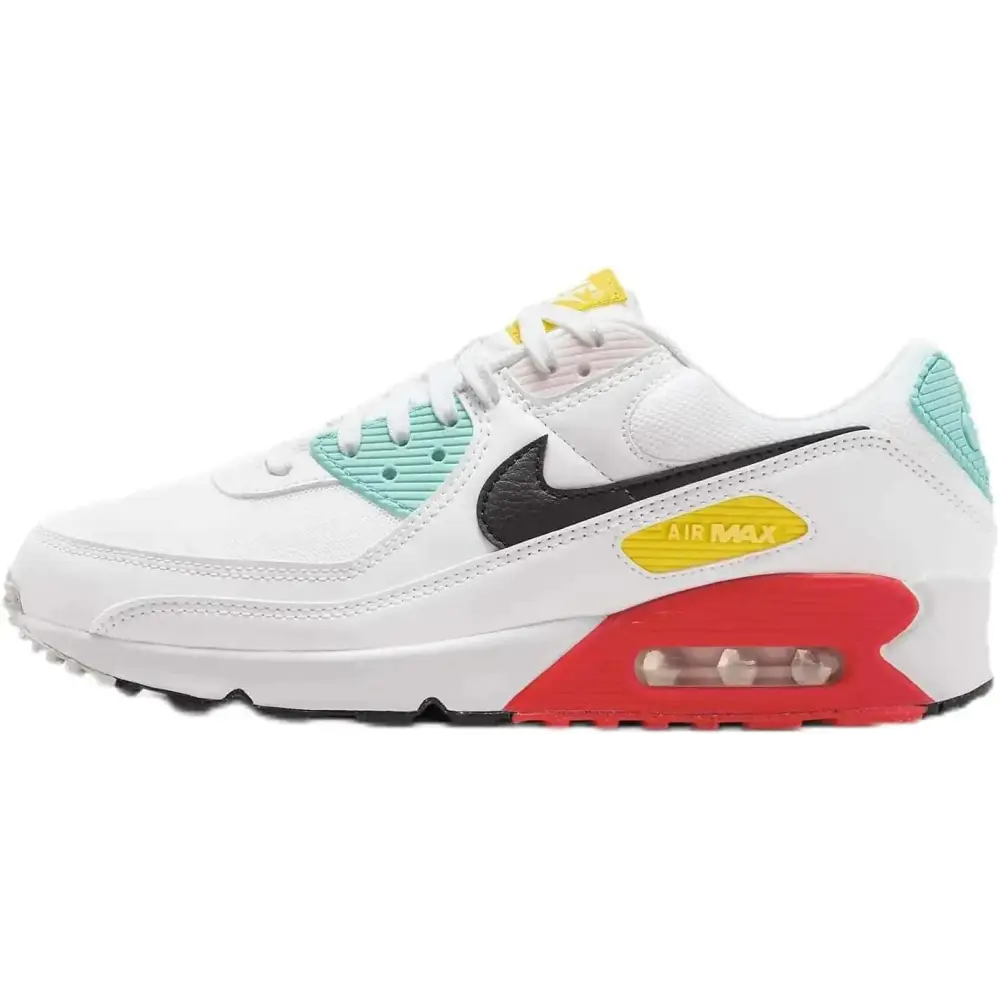 Nike air max 90 womens white pink sneaker with teal yellow red accents and pink foam size 9 for casual wear