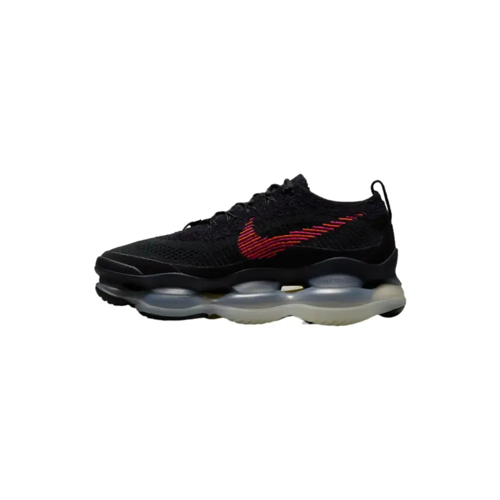 Nike Air Max Scorpion FK SE black red sneaker with vibrant red swoosh and translucent air cushioning units size 8.5