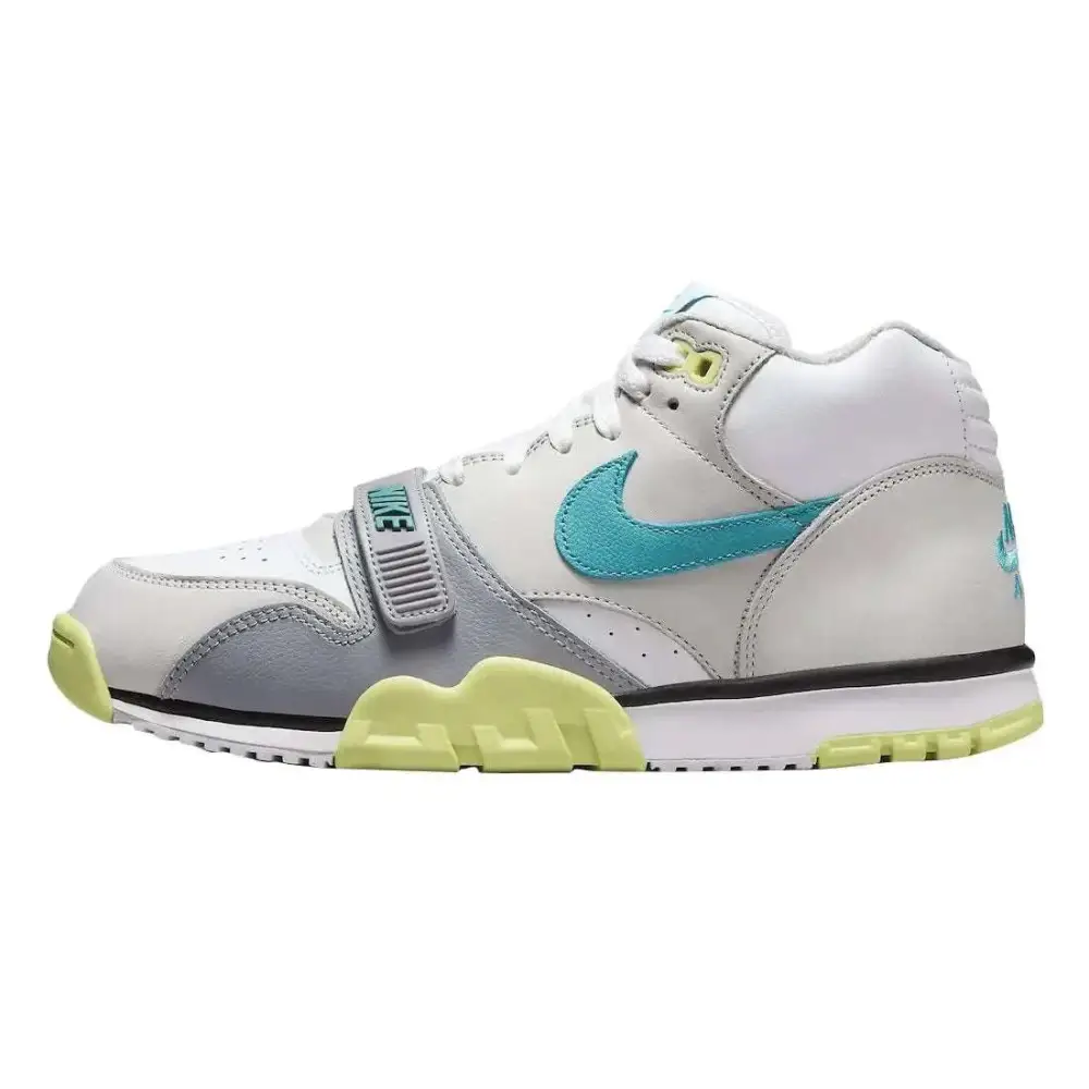 Nike air trainer mens shoes size 9 in white grey tea with light blue and lime green accents on the sole