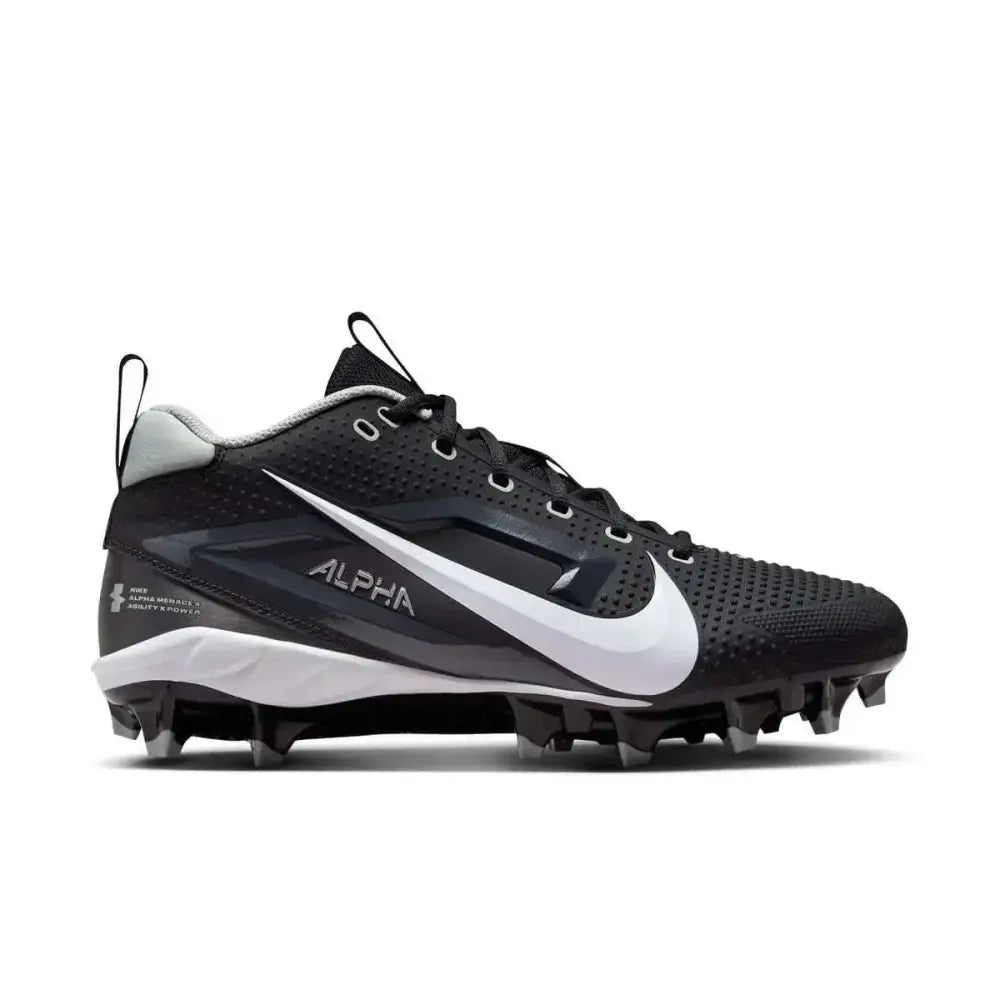 Black nike alpha menace varsity molded football cleats with mesh upper white swoosh and metal studs size 8