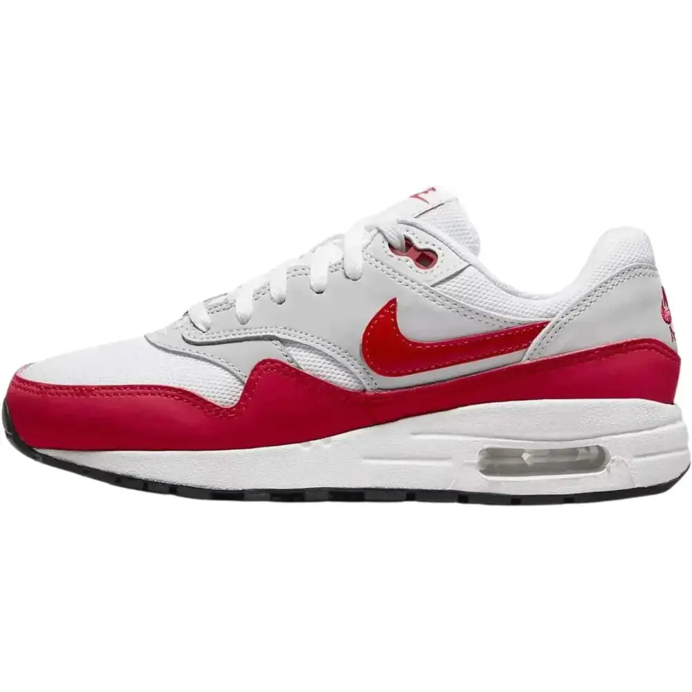 Nike boys air max 1 big kid sneaker in white and red with mesh upper, rubber toe cap, and visible air unit