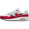 Nike boys air max 1 big kid sneaker in white and red with mesh upper, rubber toe cap, and visible air unit