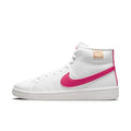 White nike court royale 2 mid womens size 8.5 high-top sneaker with vibrant pink swoosh and tan leather branding tab