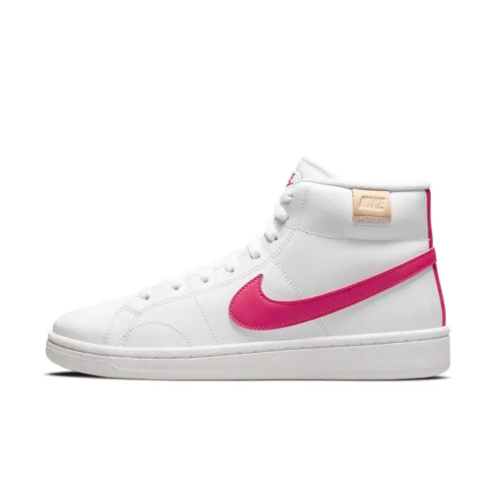 White nike court royale 2 mid womens size 8.5 high-top sneaker with vibrant pink swoosh and tan leather branding tab