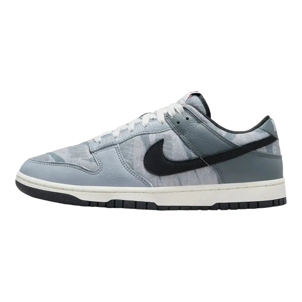 Nike dunk low retro grey camo women sneaker with subtle camouflage pattern black swoosh white midsole black outsole
