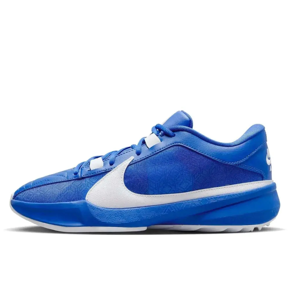 Vibrant royal blue nike giannis freak 5 basketball shoe with white swoosh textured upper in game royal white size 4