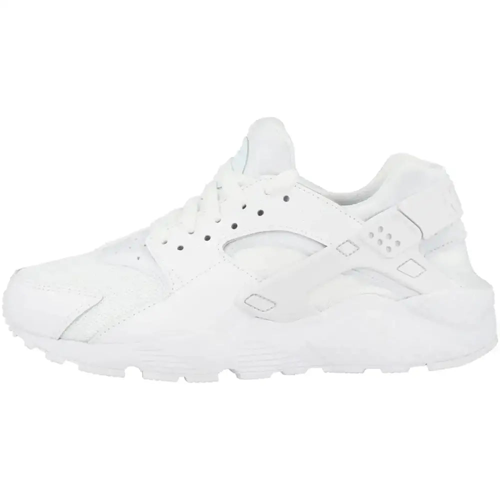 White Nike Huarache Run big kid sneaker with breathable mesh upper, sleek minimalist design, heel strap, and bootie design
