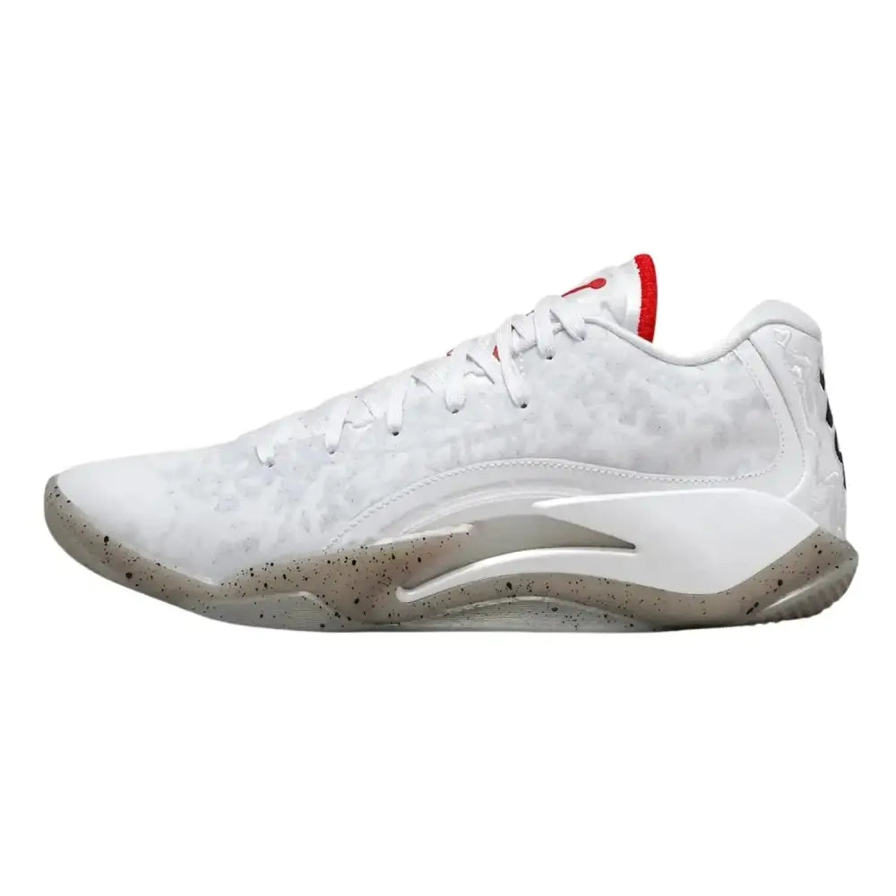 White nike kobe 8 protro basketball shoe with gray speckles and red heel tab in nike jordan zion white university red shoes