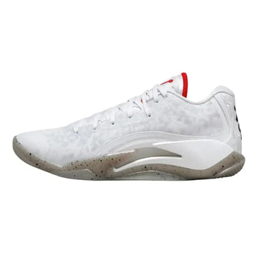 White nike kobe 8 protro basketball shoe with gray speckles and red heel tab in nike jordan zion white university red shoes