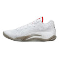 White nike kobe 8 protro basketball shoe with gray speckled pattern and red heel tab in nike jordan zion university red shoes