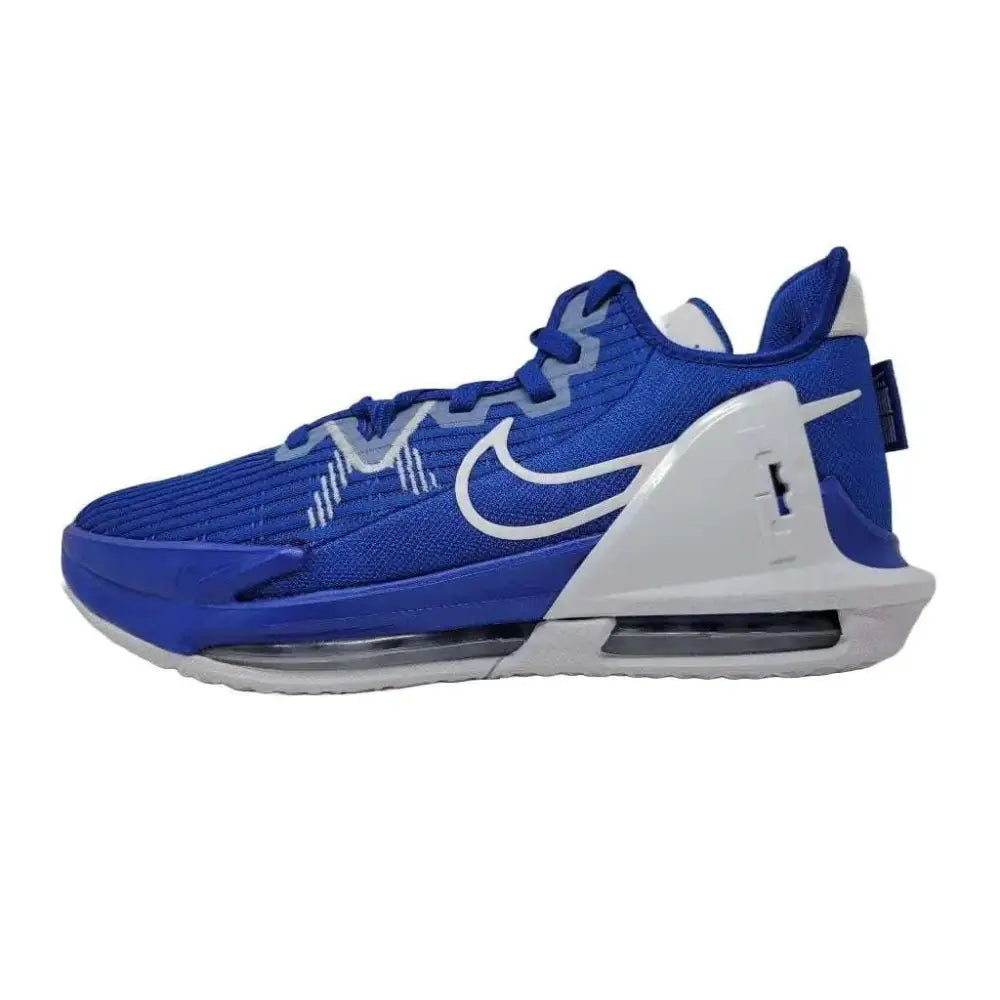 Blue nike lebron witness 6 game royal basketball shoes with white swoosh mesh upper and visible air cushioning sole