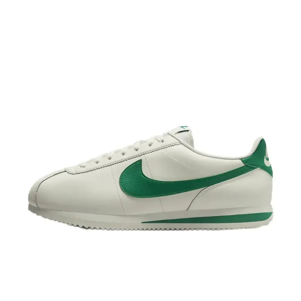 White nike mens cortez leather shoes with sail stadium green swoosh and matching heel tab in classic design