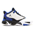 Nike mens jordan max aura 4 basketball shoe in white blue and black with textured upper and visible air cushioning unit