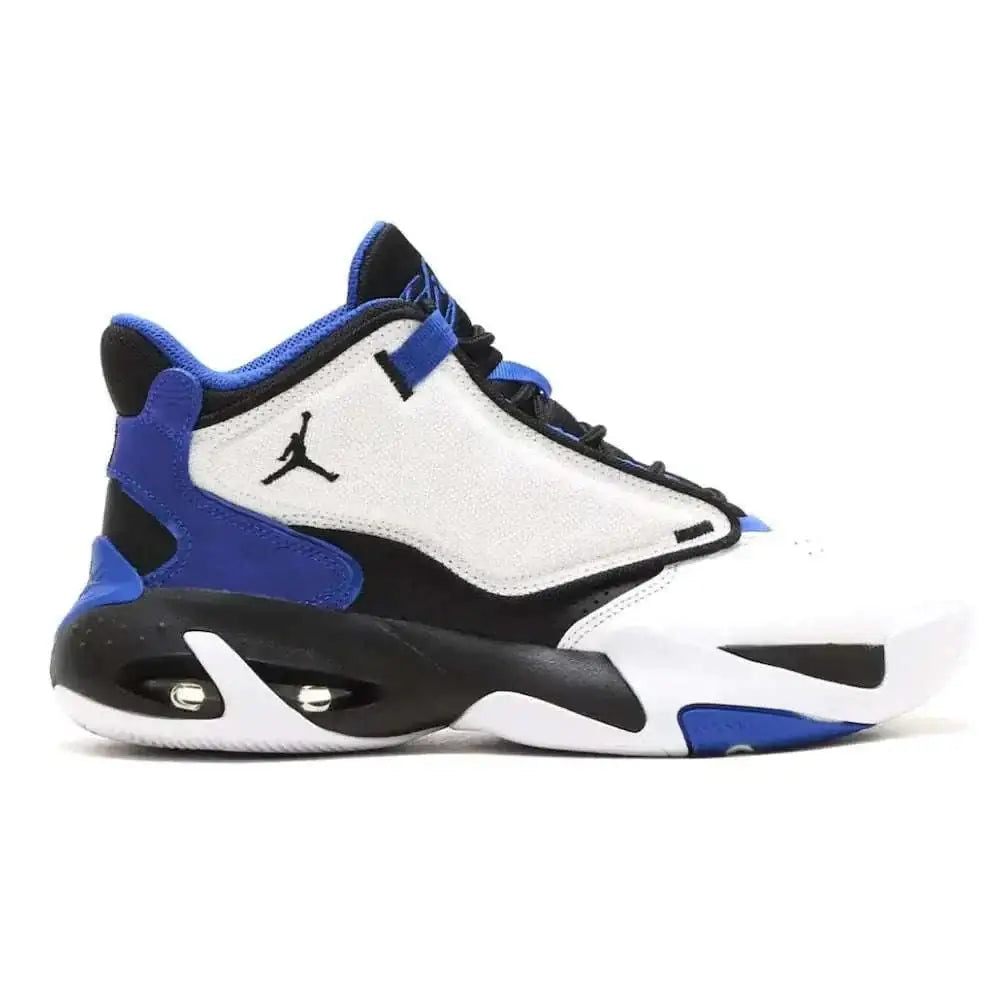 Nike mens jordan max aura 4 basketball shoe in white blue and black with textured upper and visible air cushioning unit