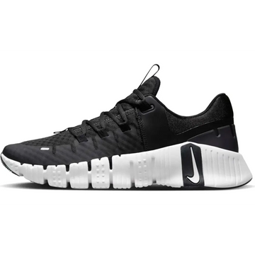 Black nike mens sneaker free 5.0 with white midsole and textured rubber outsole featuring the swoosh logo