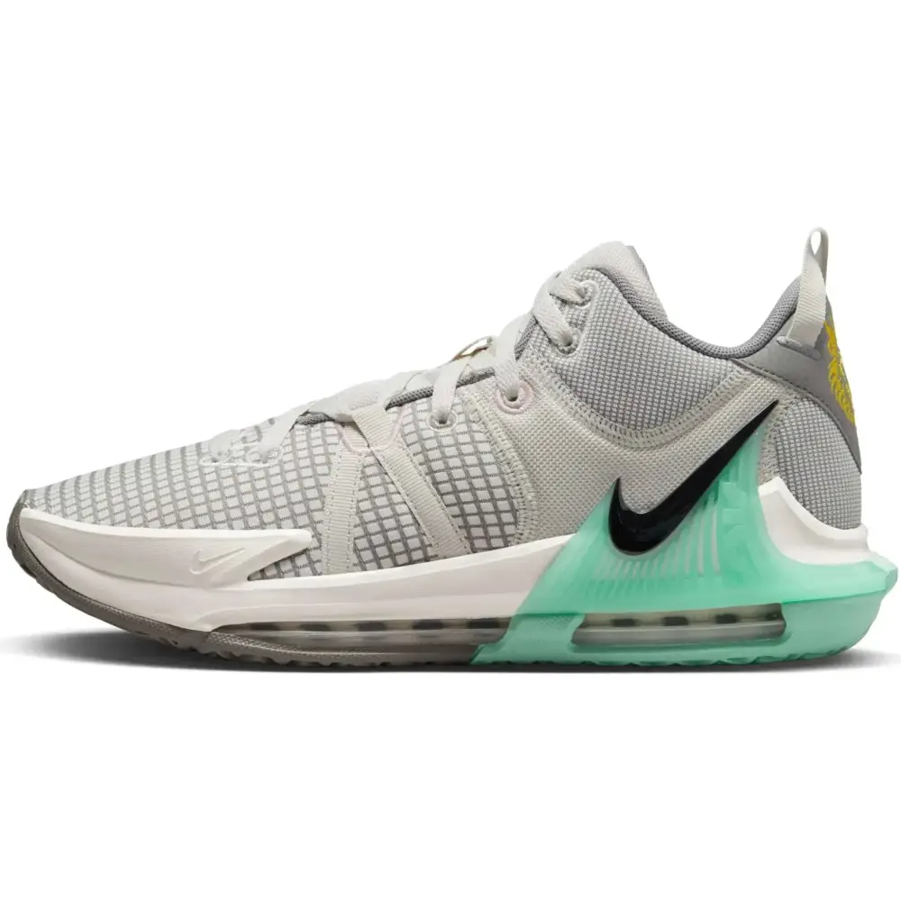 Nike mens sneaker light bone lebron 20 basketball shoe with gray and mint green mesh upper black swoosh and air cushioning
