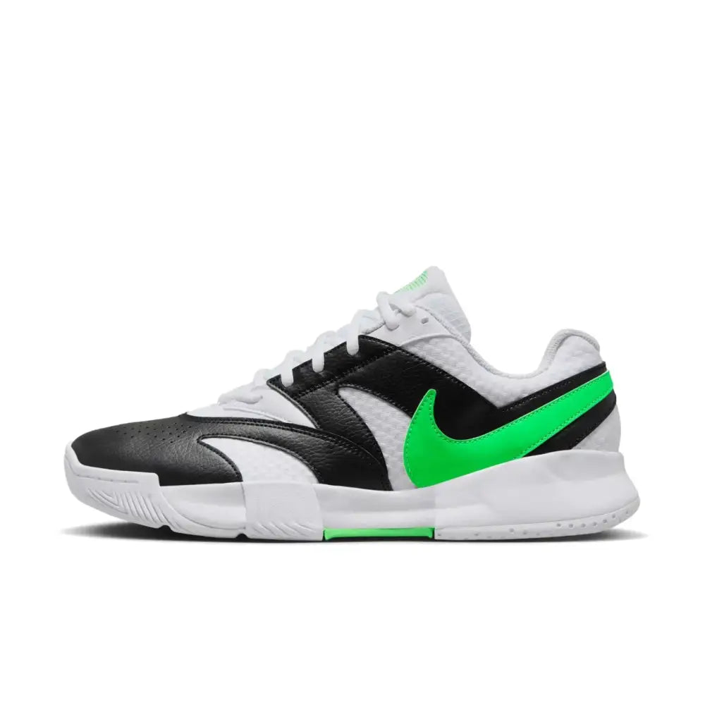 Nike mens tennis white poison green black shoes with sleek perforated leather panels and bold swoosh design