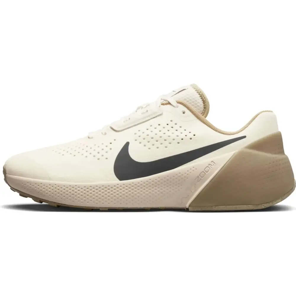 Cream-colored nike mens training shoes phantom 38 medium ash with black swoosh and tan heel accents for running