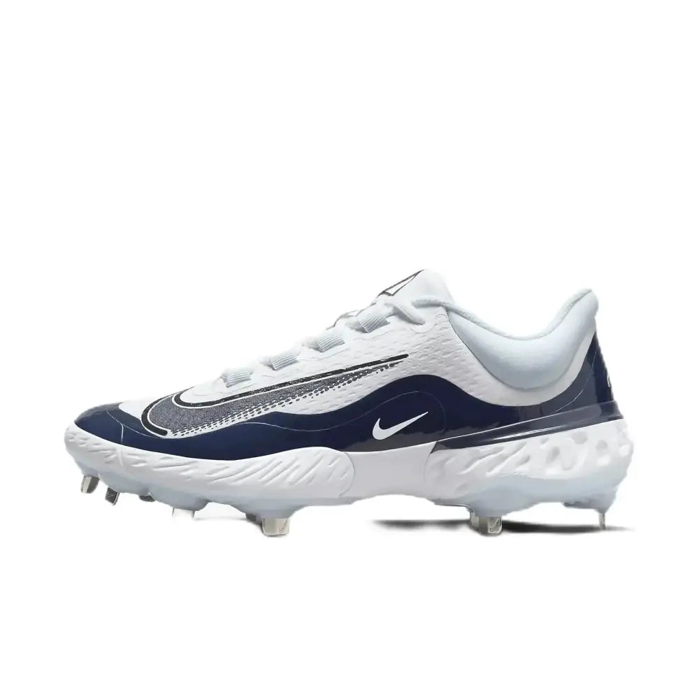 White and navy blue nike team alpha huarache elite metal cleats with textured upper and metallic silver swoosh accents