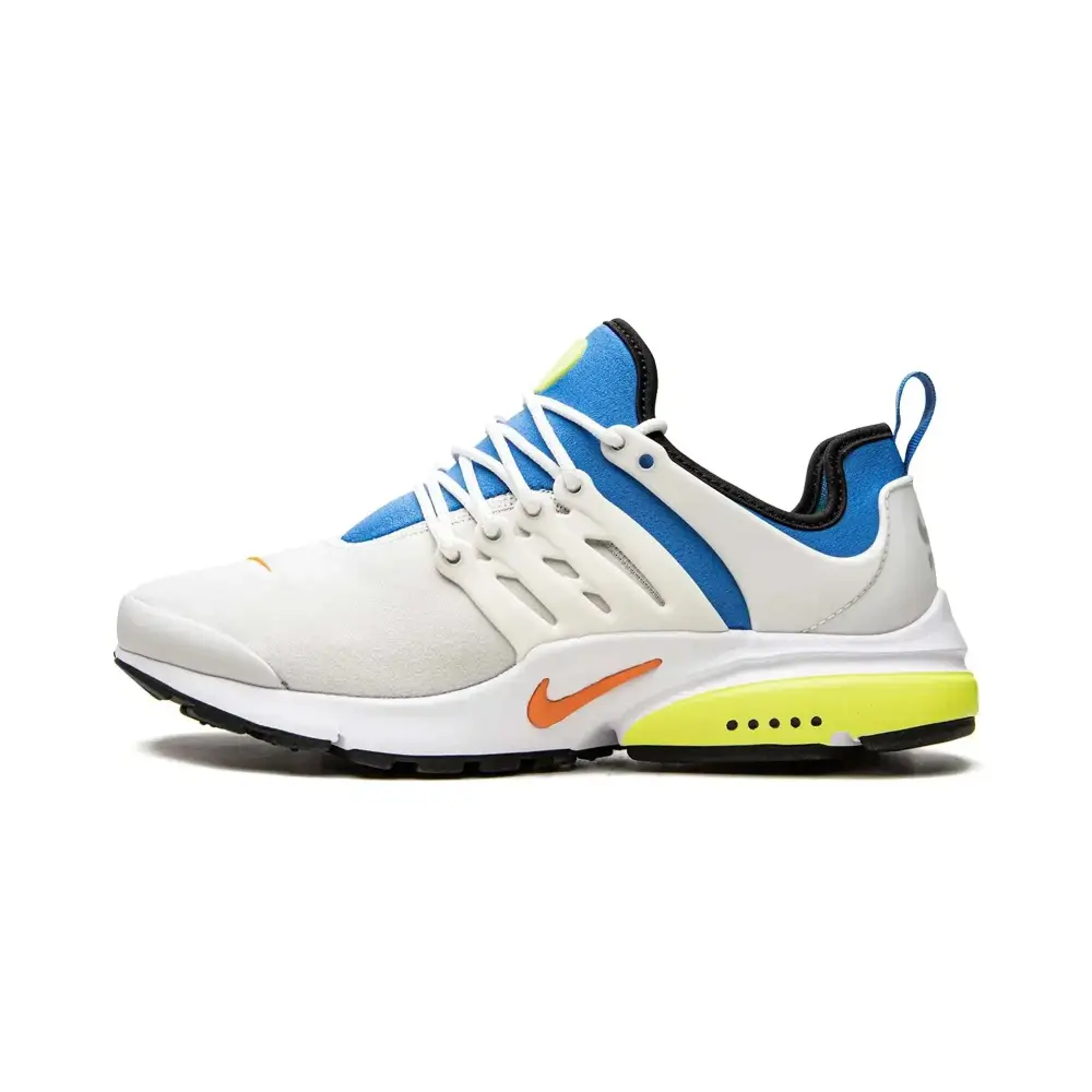 Nike womens air presto white sneaker with blue accents neon yellow midsole and orange swoosh size 9w