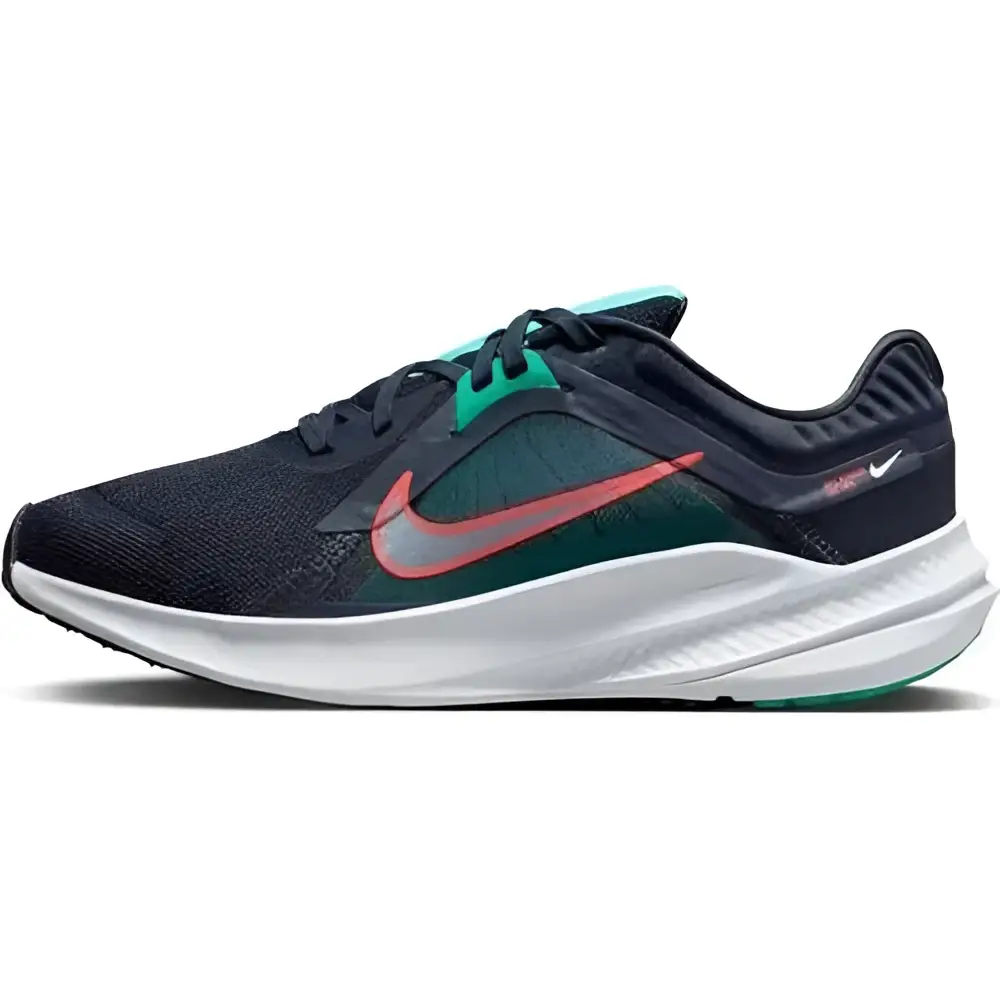 Nike womens running low obsidian shoe in black and teal with white midsole and red-orange swoosh in obsidian clear jade