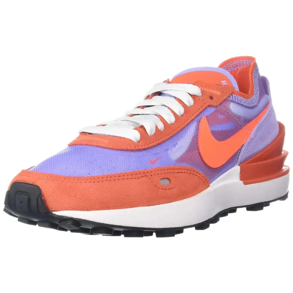 Nike womens waffle gymnastics shoes orange team with vibrant orange and purple mesh suede upper and bold orange swoosh