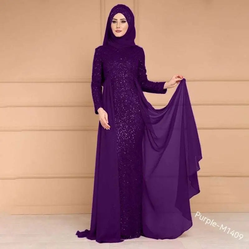 A noble elegant slim purple sequined evening gown with long sleeves and a sheer overlay for formal occasions