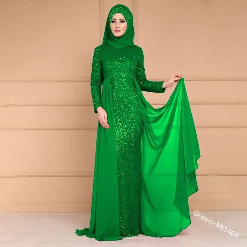 A vibrant emerald green abaya with a sequined bodice and matching hijab alongside a noble elegant slim purple sequined gown with sheer overlay
