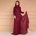 Noble elegant slim purple sequined evening gown with long sleeves sheer overlay and matching hijab in burgundy