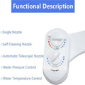 White plastic non-electric bidet with adjustable nozzle and dual control knobs for water pressure and temperature features self-cleaning nozzle