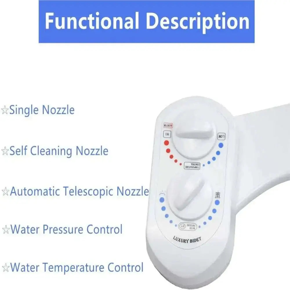 White plastic non-electric bidet with adjustable nozzle and dual control knobs for water pressure and temperature features self-cleaning nozzle