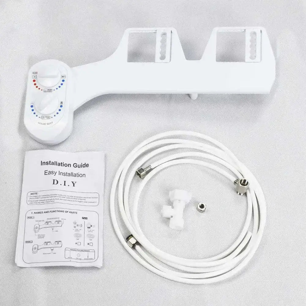 White plastic non-electric bidet sprayer with adjustable dual nozzle and control dial for water pressure settings