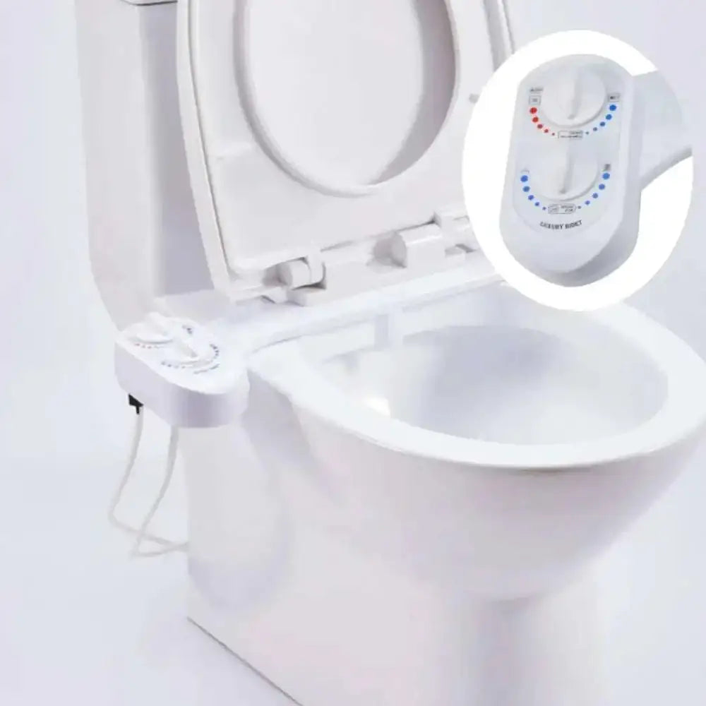 White plastic non-electric bidet seat with adjustable nozzle and dual control knobs for water pressure and temperature settings