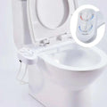 White plastic non-electric bidet with dual control knobs and adjustable nozzle for customizable water pressure