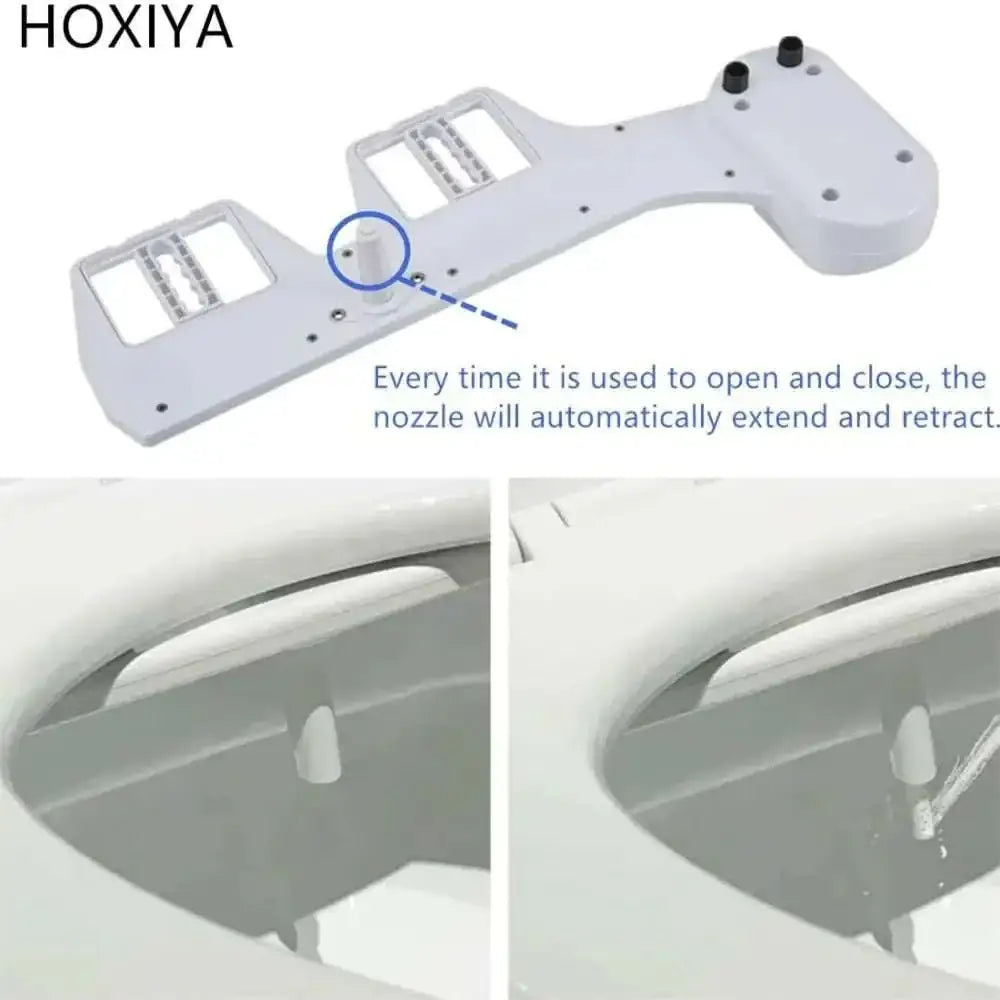 White plastic non-electric bidet with adjustable nozzle and automatic extend and retract mechanism for water pressure control