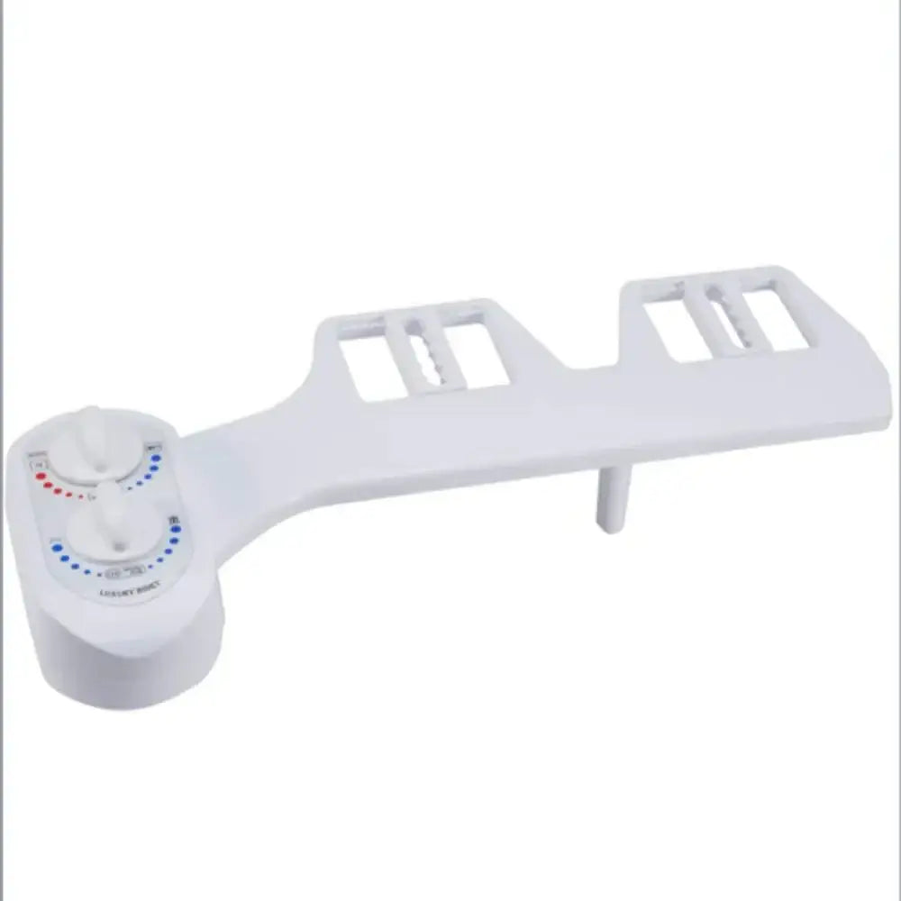 White plastic non-electric bidet seat with adjustable nozzle and dual control knobs for water pressure and temperature settings