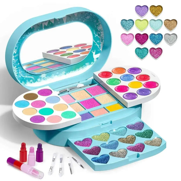 Light blue elsa-themed non-toxic washable kids makeup kit with heart-shaped glitter pans and colorful eyeshadow blush lipstick