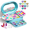 Light blue Elsa-themed non-toxic washable kids makeup kit with heart-shaped glitter pans and colorful eyeshadow blush lipstick