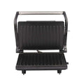 Black nonstick electric grill and steak maker with stainless steel handle and ribbed grilling plates for even cooking