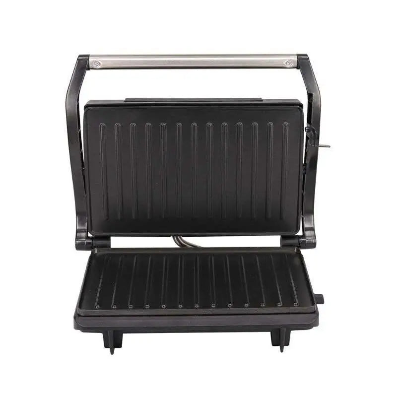 Black nonstick electric grill and steak maker with stainless steel handle and ribbed grilling plates for even cooking