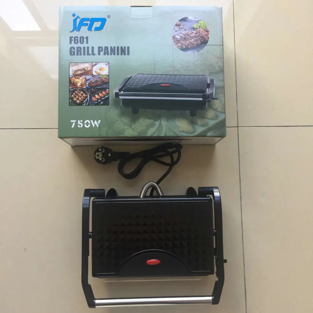 Black f601 nonstick electric grill and steak maker with ribbed grilling surface and red power button for panini toasting