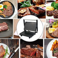 Black nonstick electric grill and steak maker with ribbed grilling plates and handle for easy cooking