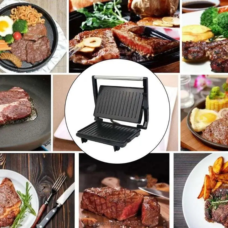 Black nonstick electric grill and steak maker with ribbed grilling plates and handle for easy cooking