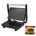 Black nonstick electric grill and steak maker with stainless steel handle and ribbed grilling plates for sandwiches