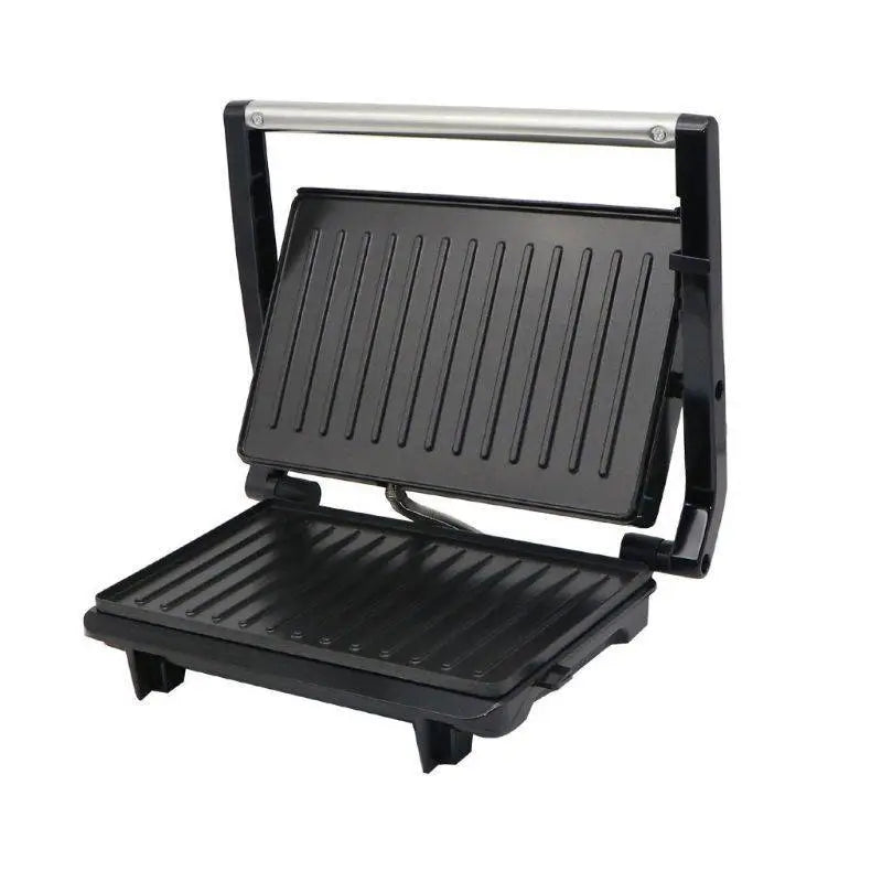 Black and silver nonstick electric grill and steak maker with ribbed grilling plates for even cooking and searing