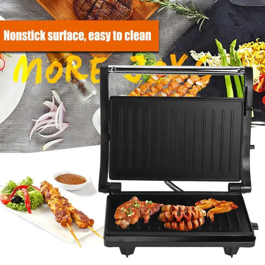Black nonstick electric grill with ribbed grilling plates and stainless steel handle for steak maker use