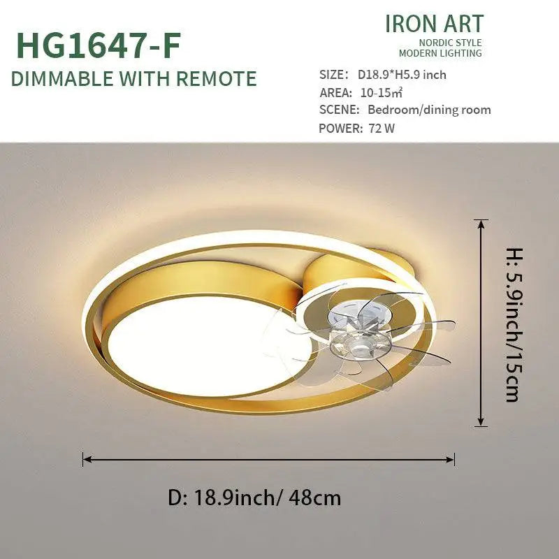 Nordic light luxury ceiling fan lamp with gold finish circular design, integrated fan, and dimmable led illumination for luxury simple interiors